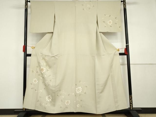 平和屋着物▽訪問着　単衣　駒刺繍　花唐草文　金彩　正絹　逸品　AABI7214cs