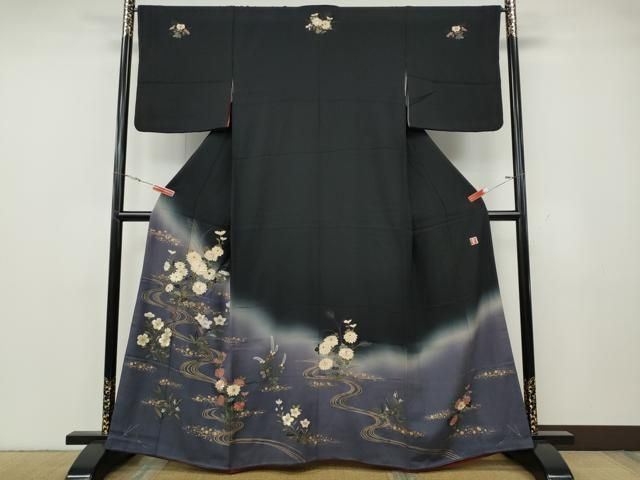平和屋着物●ファッションデザイナー 花井幸子　訪問着　刺繍　流水草花文　暈し染め　金彩　正絹　逸品　CABG5381ut