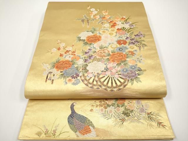 平和屋本店●六通柄袋帯　唐織　花車孔雀絵文　本金箔　金泥箔　正絹　逸品　CABH6233tx