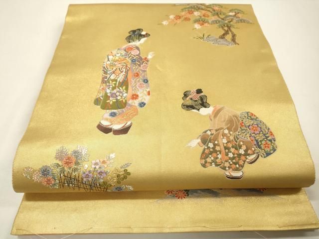 平和屋本店●太鼓柄袋帯　唐織　人物花松文　本金箔　金泥箔　正絹　逸品　未使用　DABG5065fe