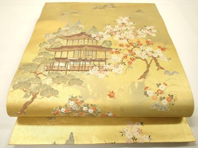 平和屋本店●太鼓柄袋帯　唐織　金閣寺絵文　本金箔　金泥箔　反端付き　正絹　逸品　DABG5080fe
