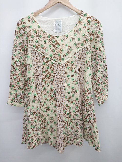 ◇ ME COUTURE ミークチュール 総柄 七分袖 ミニ丈 ワンピース チュニック サイズF アイボリー系 マルチ レディース P 【1406240028863】