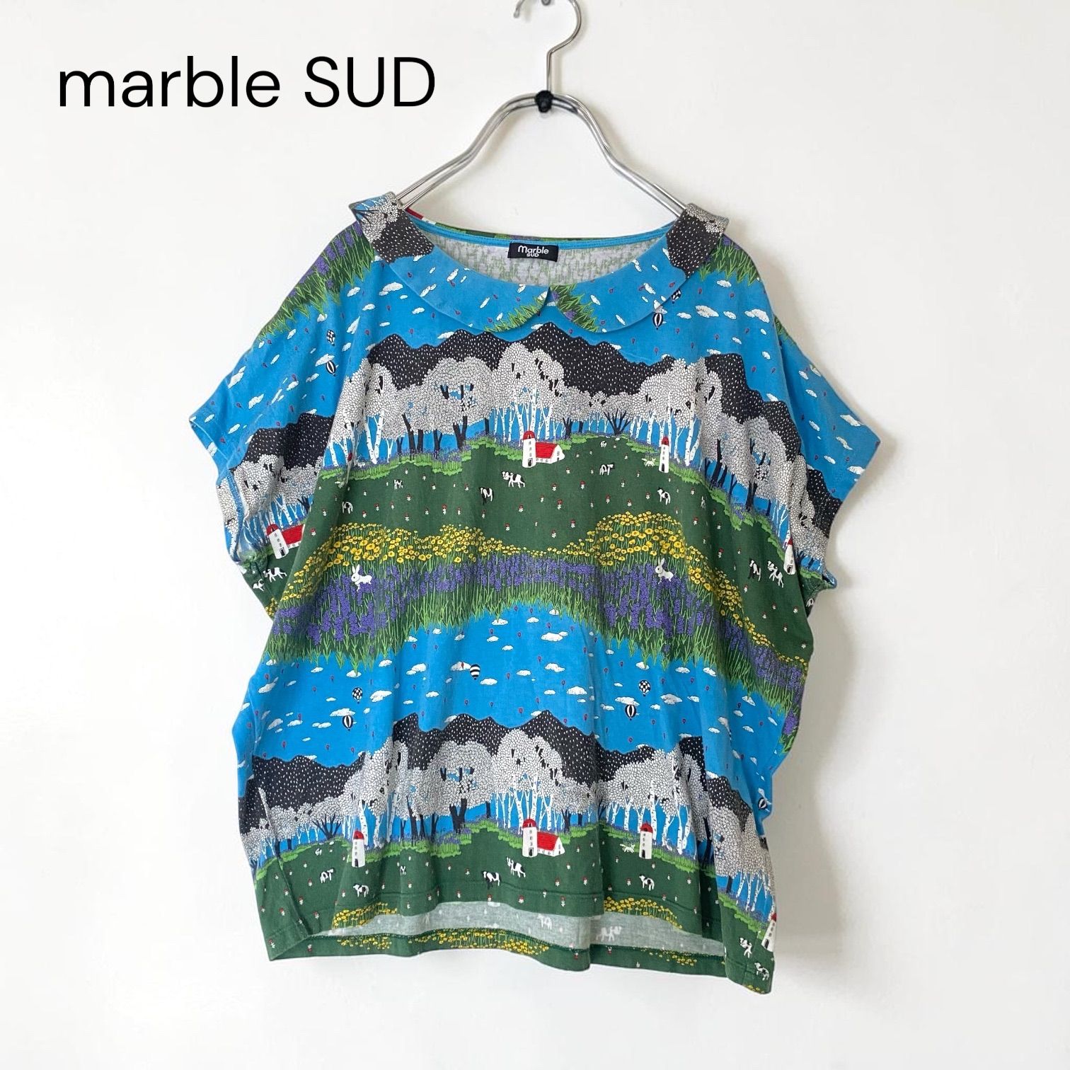 marble SUD マーブルシュッド 総柄 アニマル 牧場 Tシャツ ブルー