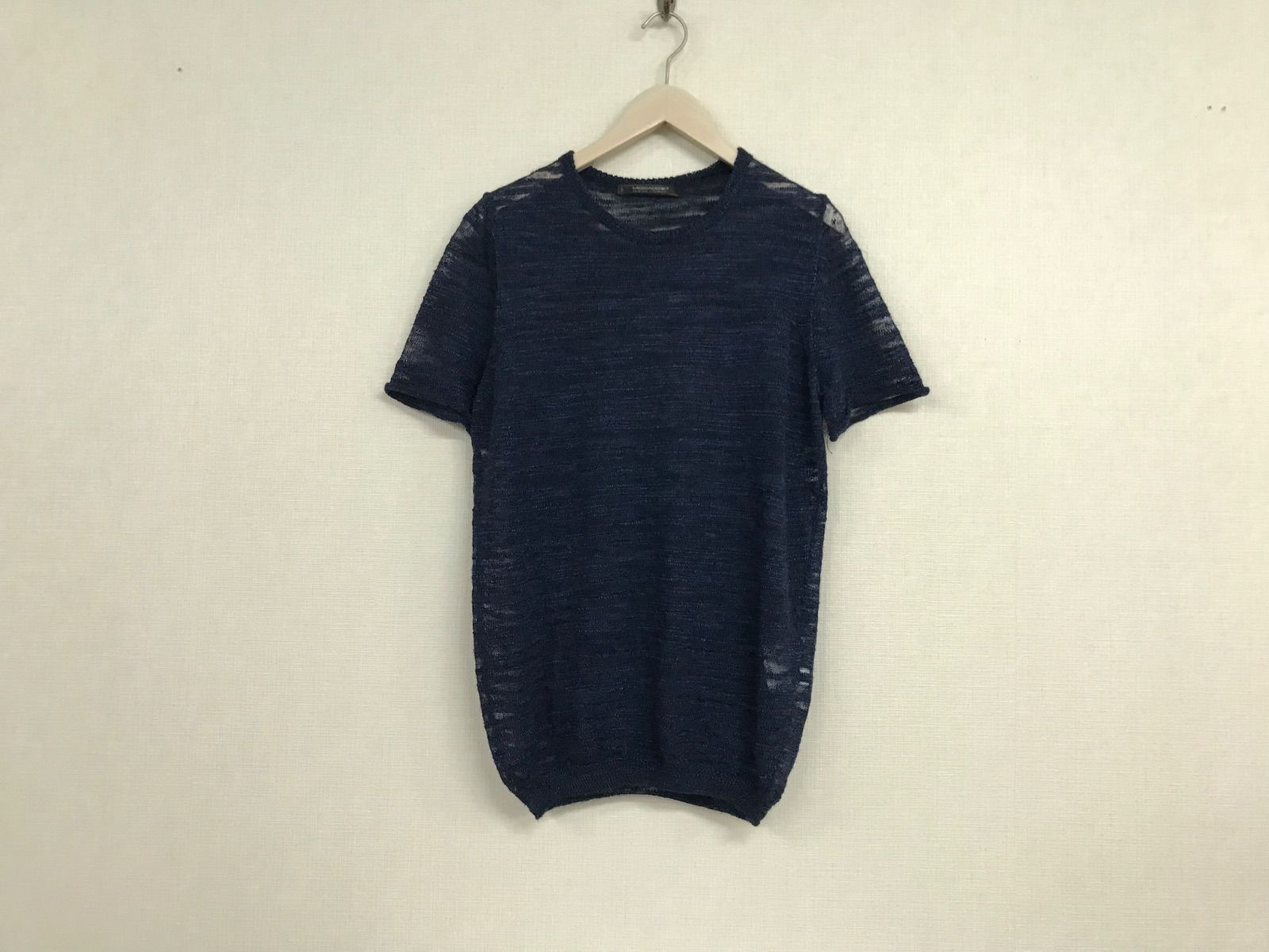本物メッサジェリエMESSAGERIEニットリネン麻ポリ半袖Tシャツメンズサーフアメカジミリタリーストリートスケーターワークビジネススーツモードゴルフ紺ネイビーXLイタリア製