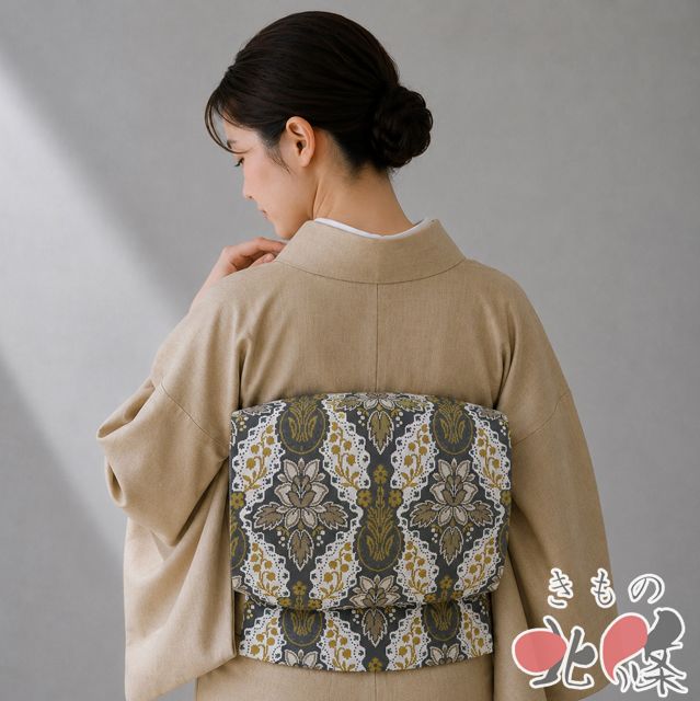 作り帯 つけ帯 中古 リサイクル 正絹 カジュアル 仕立て上がり 花の図 檳榔子染色 多色 きもの北條 A1359-14