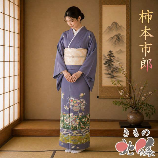 色留袖 着物 中古 正絹 袷 紋付 五つ紋 柿本市郎 吉祥文様 亀鶴 松竹梅 葡萄鼠色 多色 身丈157cm 裄64.5cm M きもの北條 A1359-4