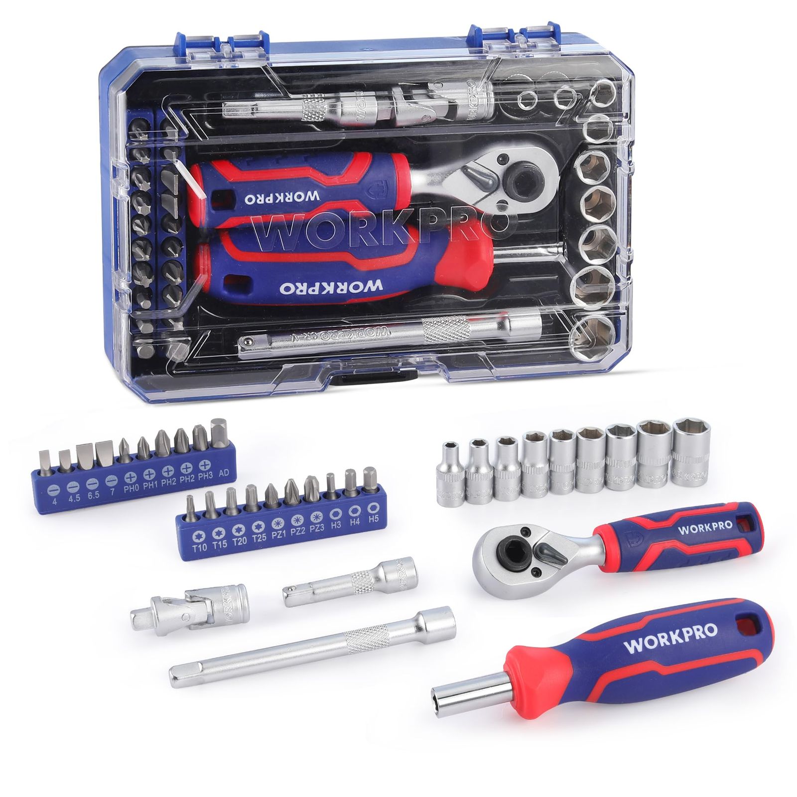 WORKPRO ビットラチェットセット ソケットレンチセット ドライバー セット 34点組 差込角6.35mm(1/4インチ) 両用ヘッド ミニタイプ ラチェットレンチ エクステンションバー ビットホルダー 72歯 自転車修理 メンテナンス 48a5edc3