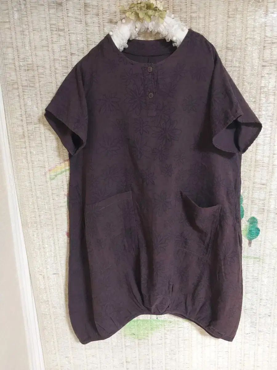 フラワーパータン 半袖 ロング ブラウス ラウ(LAWOO) IN