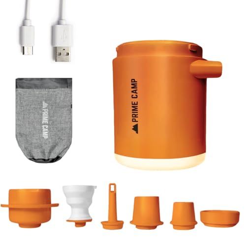 ☆新品☆プライムキャンプ エアーポンプ 電動 空気入れ 超軽量 強力170L/分 【6つのノズル&ライト付】 エアポンプ 1360mAh大容量バッテリー USB充電式 空気抜き インフレーターマット キャンプ 浮き輪 234a10ac