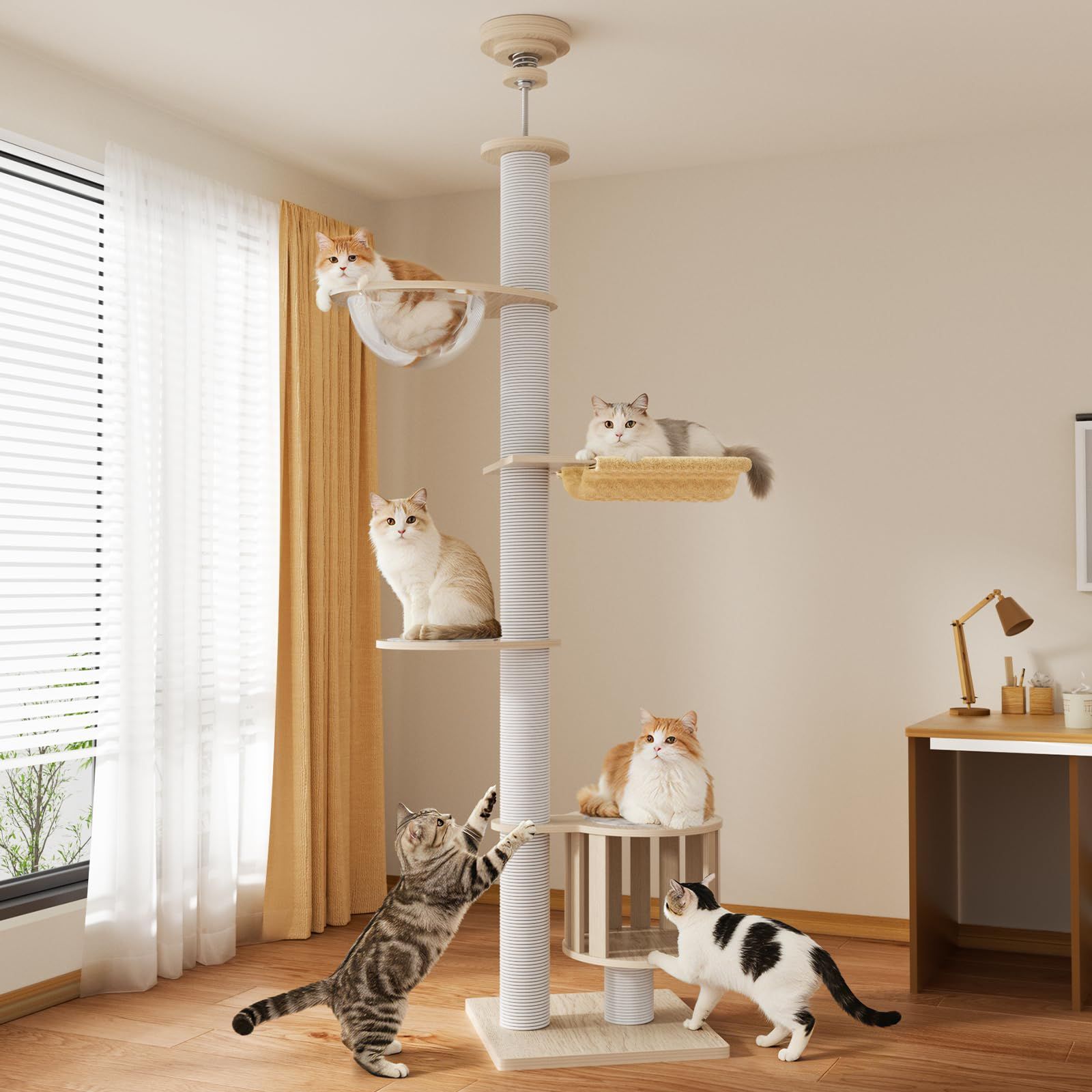 ☆新品☆[ChicKone] キャットタワー 突っ張り ネコタワー 木製 スリム 宇宙船付き ハンモック 大型猫 爪とぎ 多頭飼い 猫タワー ツッパリ 人気 木登りタワー キャットツリー 多層無垢材 太い支柱 全綿縄巻き おしゃれ 安定感 運 1f0563a0