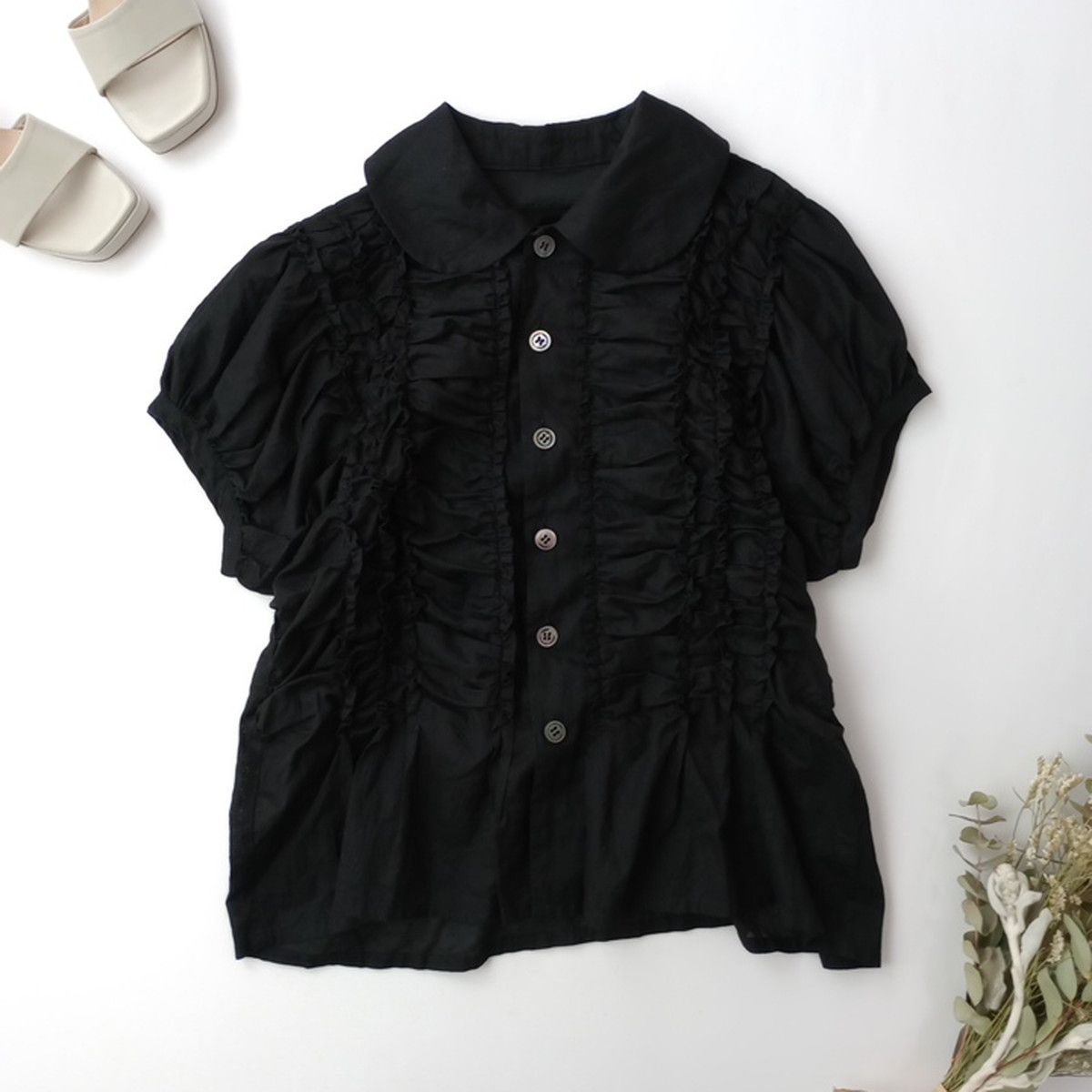 ◯ tricot COMME des GARCONS トリコ コムデ ギャルソン シャーリングフリルデザインキュプラシャツ 日本製 (80K＋2933)26N