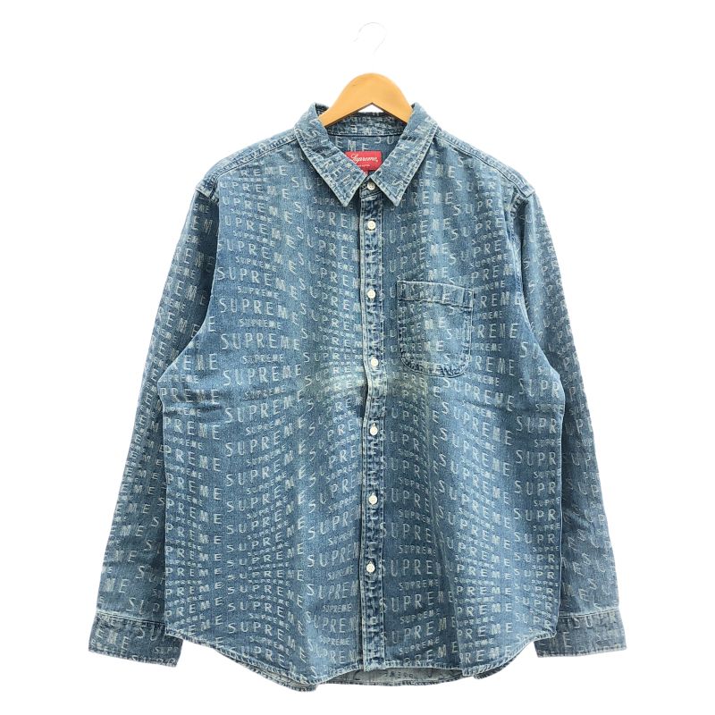 【中古】SUPREME Warp Jacquard Logos Denim Shirt L ブルー シュプリーム[10]