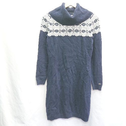 ◇ TOMMY HILFIGER トミーヒルフィガー ハイネック 総柄 長袖 膝丈 ニットワンピース サイズS/P ネイビー系 レディース E 【1407180066786】