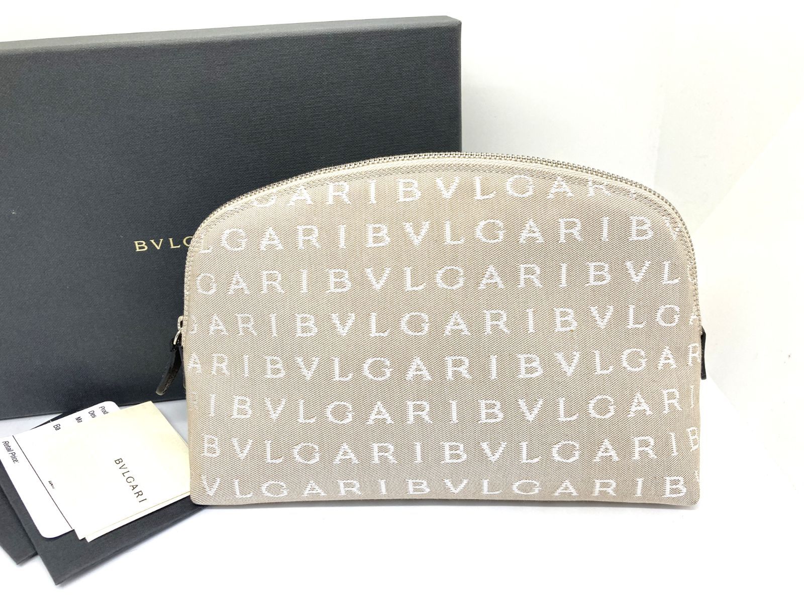 中古 ブルガリ BVLGARI アペレア ロゴマニア キャンバスポーチ ベージュ コスメティックケース ピラミッド型 化粧ポーチ レディース 30109