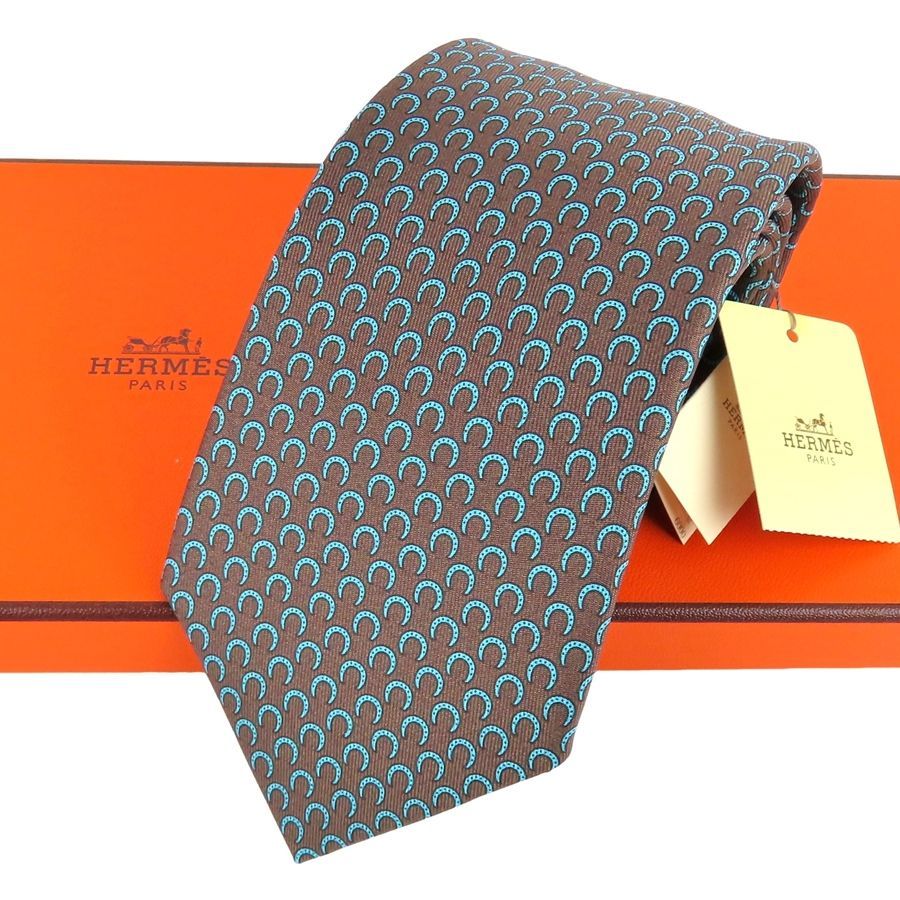 HERMES エルメス ネクタイ 625655 馬蹄柄 シルク100% ブラウンxブルー フランス製 外箱付き rk10450
