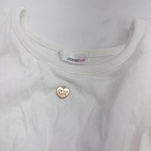 ◇ ⊂ JENNI love ウエストゴム ハートチャーム キッズ 半袖 ひざ丈 ワンピース サイズ150 ホワイト ネイビー系 女の子 E 【1409240060093】