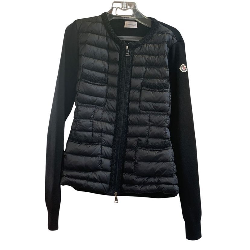 ♪4309 MONCLER モンクレール 19年 CARDIGAN TRICOT F10939B50800 ニット切替 ノーカラーダウン ジャケット M ブラック レディース 中古 美品