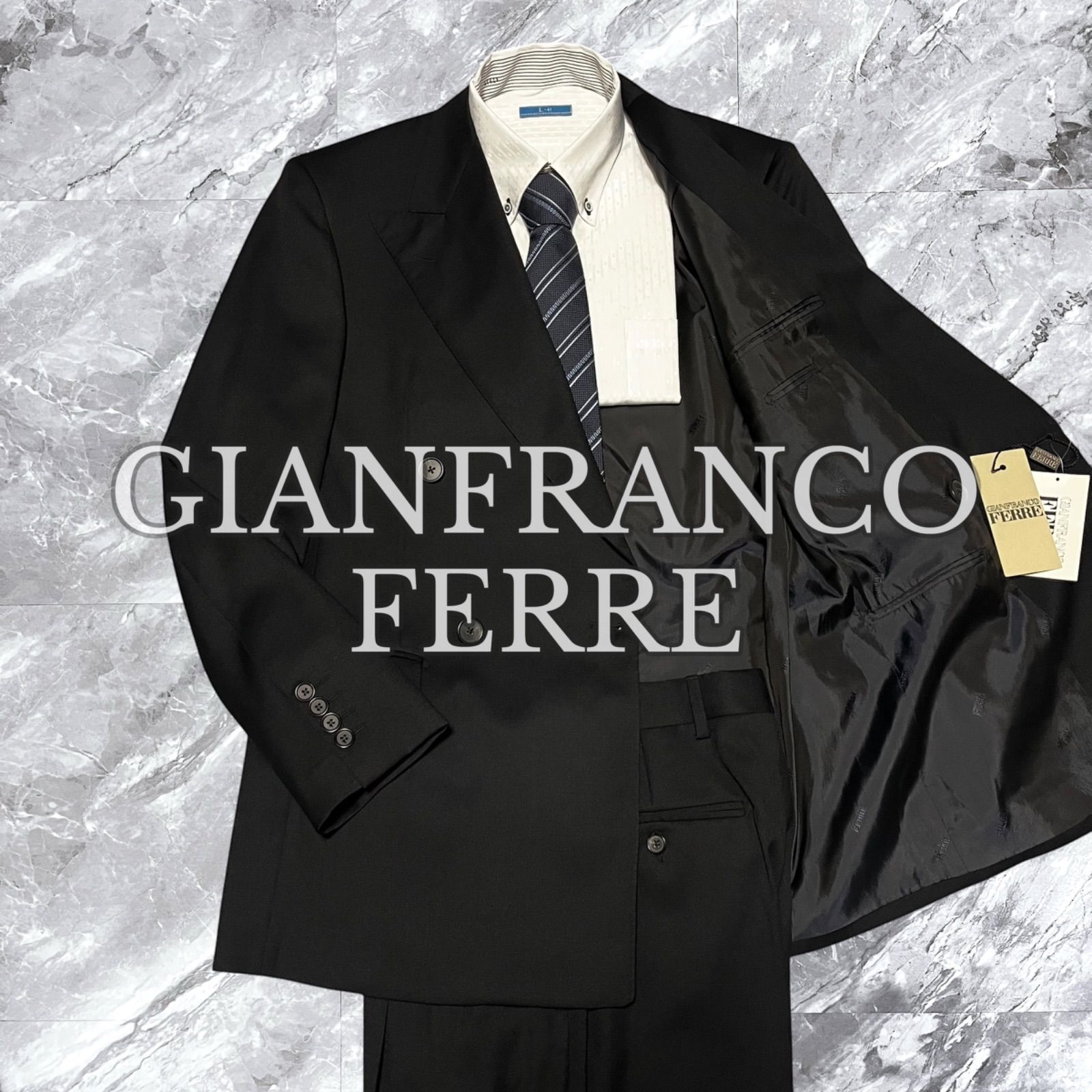 未使用タグ付き GIANFRANCO FERRE ジャンフランコフェレ セットアップ スーツ 上下セット ダブルブレスト ウール イタリア製 総裏 開き見せ ブラック 黒色 サイズ44 S相当