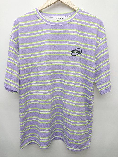 ◇ ⊂ BASQUE magenta　バスクマゼンタ マルチボーダー　ロゴ刺繍 半袖 Tシャツ　カットソー サイズFREE パープル メンズ P 【1410160012611】