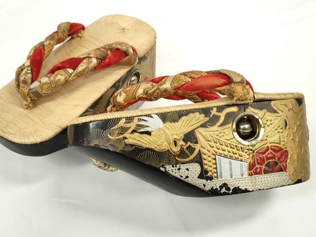 平和屋着物●極上　和装小物　ぽっくり下駄　おこぼ・こっぽり下駄　畳表　金蒔絵　御所車飛鶴松文　19.5cm　逸品　DZAA12031kh6