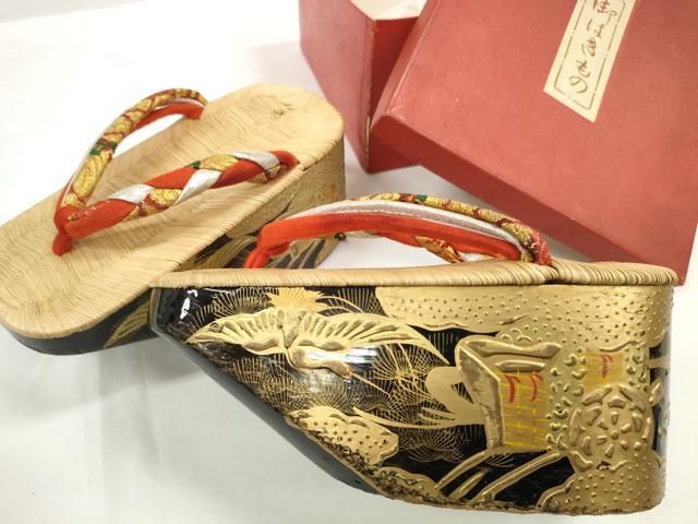 平和屋着物●極上　和装小物　ぽっくり下駄　こっぽり・おこぼ下駄　畳表　金蒔絵　御所車飛鶴松文　箱付き　20cm　逸品　DZAA12047kh6
