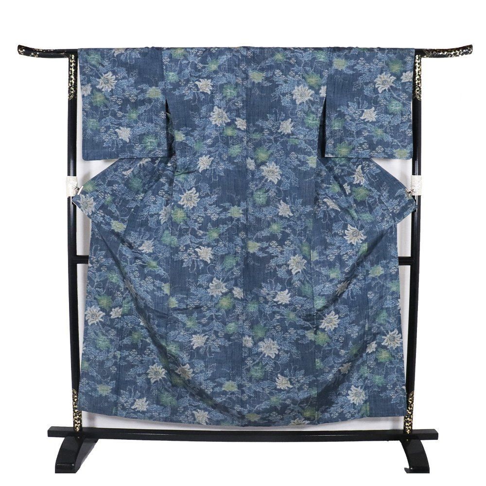 単衣 手織り紬 正絹 紺 唐花 Mサイズ ki32107 美品 夏着物 レディース シルク ギフト カジュアル 送料無料