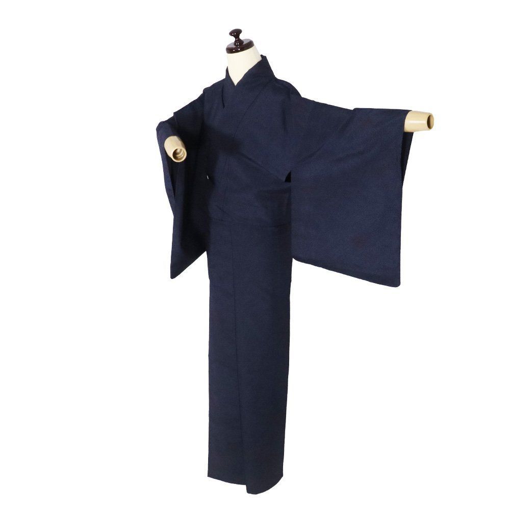 単衣 塩沢紬 正絹 濃紺 赤花 葉柄 柄織 Sサイズ ki32118 美品 ひとえ