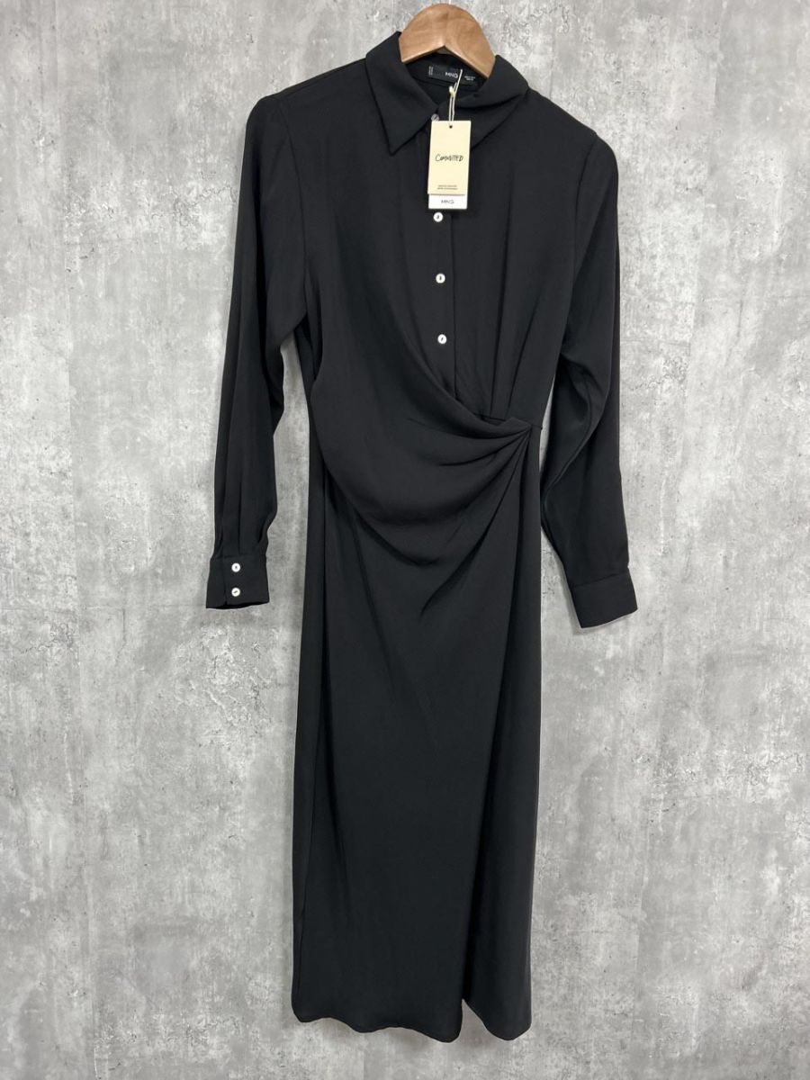 美品 MNG マンゴ タグ付 長袖 ドレープ Iライン ワンピース sizeS/黒 ◇■ レディース