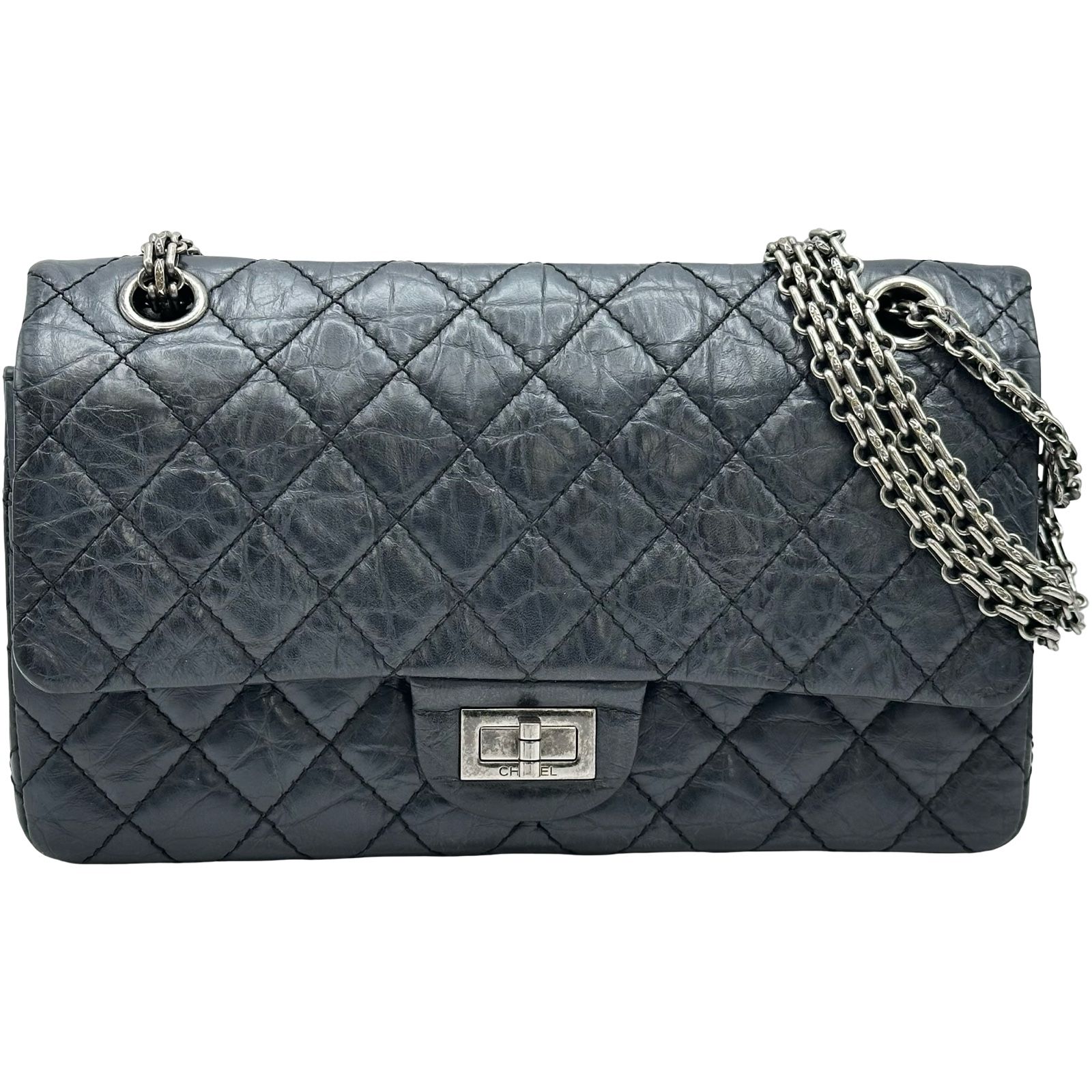 シャネル CHANEL 2.55 マトラッセ チェーンショルダー A37586 24番台 ブルーグレー系 シルバー金具 エイジドカーフ レディース ショルダーバッグ