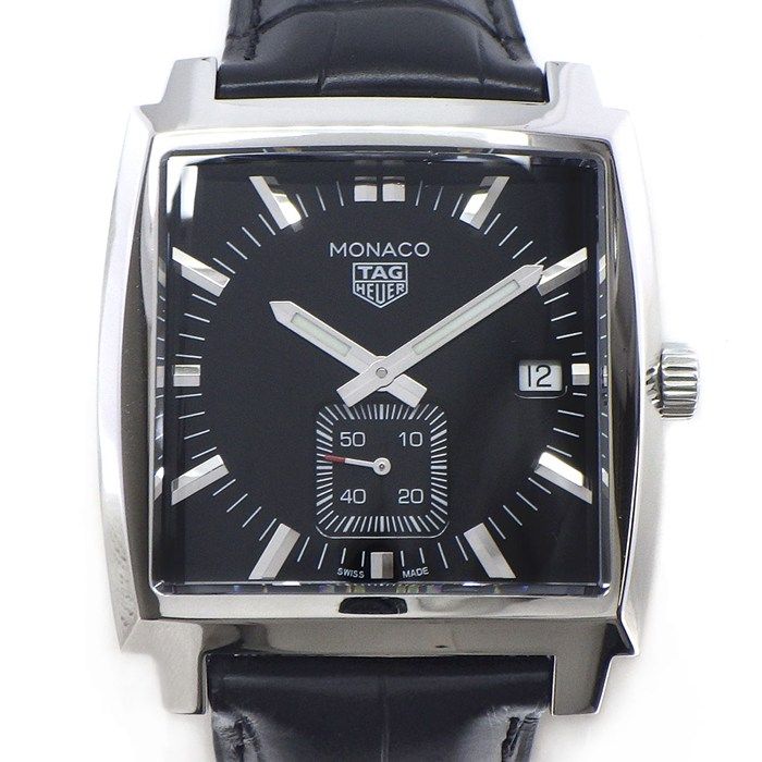 タグ・ホイヤー TAG Heuer 腕時計 モナコ WAW131A.FC6177 デイト スモールセコンド 夜光針 スクエア ブラック文字盤 SS ブラック アリゲーターレザーベルト クオーツアナログ 【箱・保付き】 【中古】