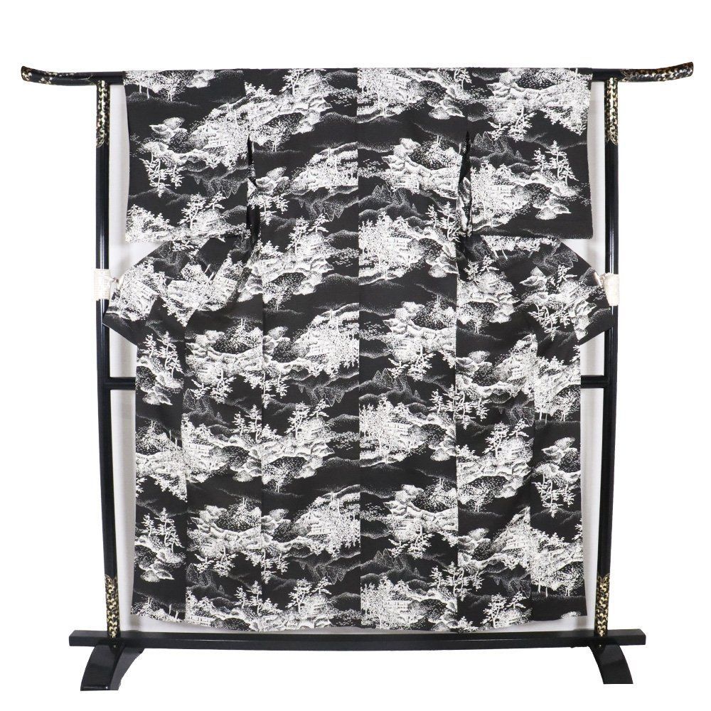 単衣 小紋 正絹 黒 白 山水画 7号 Mサイズ ki32128 美品 単衣 夏着物 レディース シルク ギフト カジュアル 送料無料