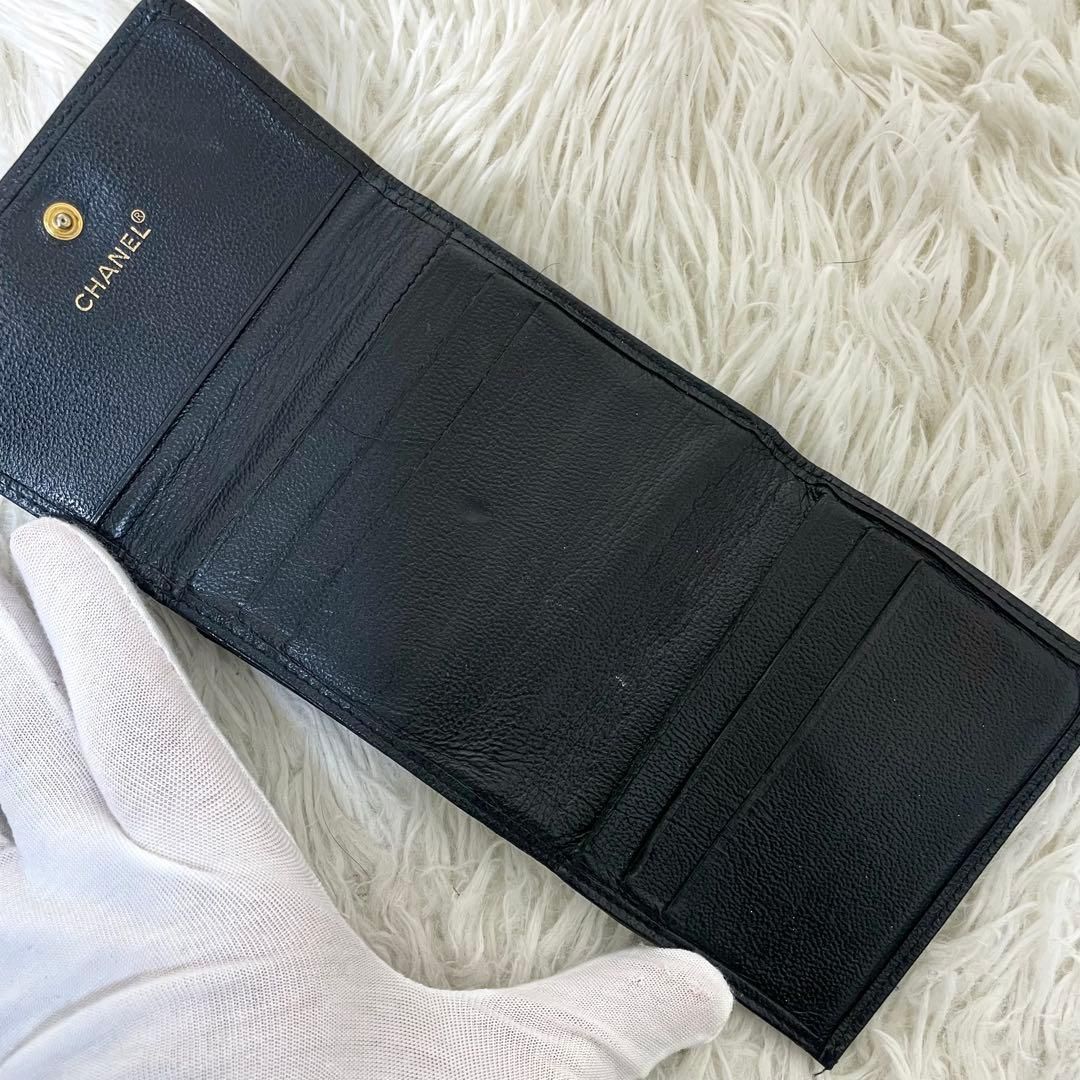 シャネル　CHANEL 三つ折り財布　ココマーク　ブラック　黒　レザー