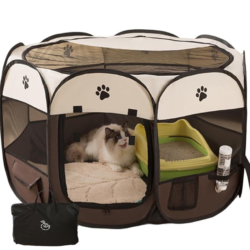ペットサークル 折りたたみ式 屋根付き 多機能ポケット付き 給水器付き 犬 猫 室内 屋外兼用 小型犬 中型犬 大型犬 防災 避難 持ち運び便利 メッシュ ケージ ゲージ サークル お出かけ ドライブ用 災害対策 ブラウン L 1