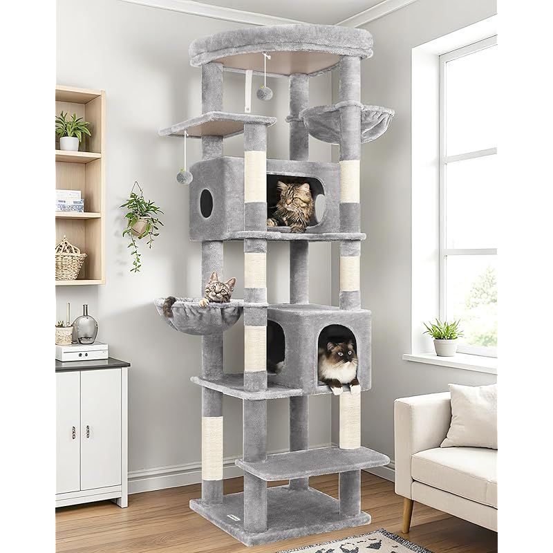 Globlazer 猫タワー 多頭飼い 大型猫用 キャットタワー 超スリム 据え置き型 省スペース 取り外し可能な布張りのキャットハウス2つ 特大の扇形ルーフトップ展望台 補強さ吊り下げバスケット2つ 天然麻紐の爪とぎポスト7つ ぬいぐるみボー2つ 転倒防 0