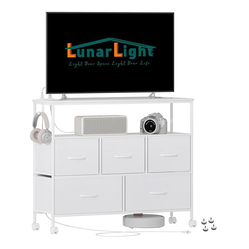 LunarLight チェスト タンス 幅100奥行30高さ78 収納チェスト 収納ケース 2口コンセント付き キャスター付き ストッパー付き 移動式と固定式2種類 テレビ台 頑丈 組立簡単 耐震転倒防止 大容量収納 引き出し２段5個 棚板2枚 (真っ白) 0