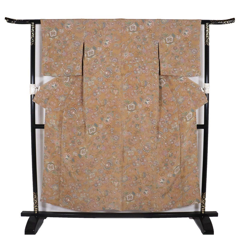 単衣 縮緬小紋 正絹 茶色 唐花 Sサイズ ki32139 美品 ひとえ 夏着物 レディース シルク ギフト カジュアル 送料無料
