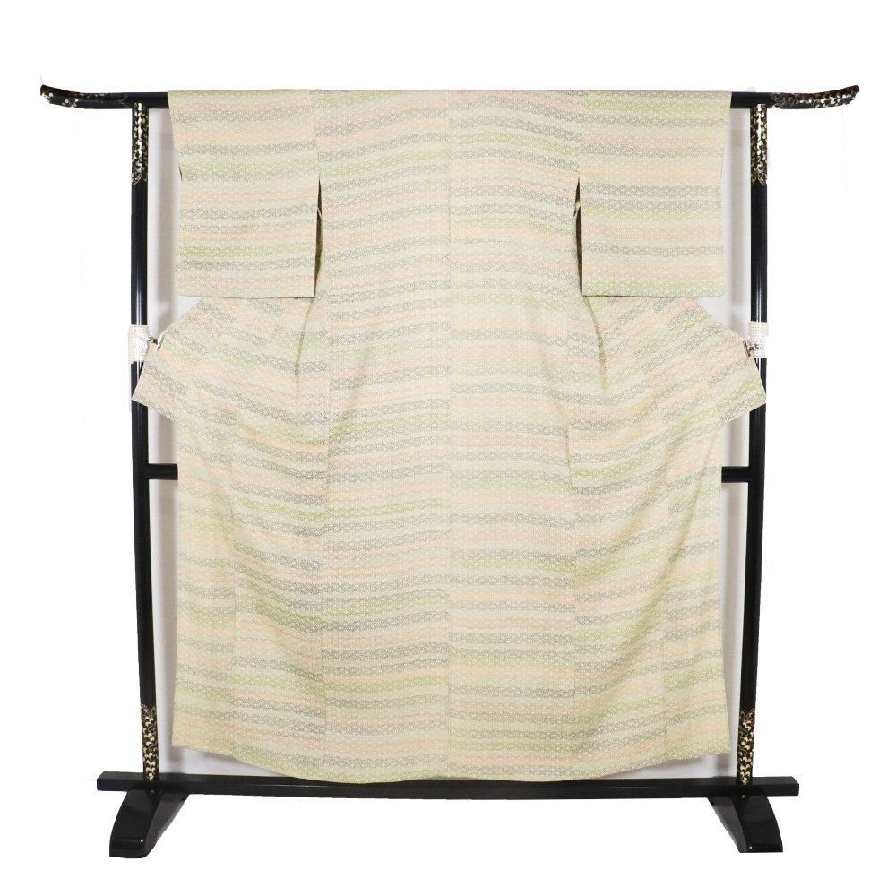 単衣 小紋 正絹 グレー 薄赤色 緑 薄緑 横縞 花柄 Mサイズ ki32143 美品 夏着物 レディース 6月9月10月シーズン 送料込み