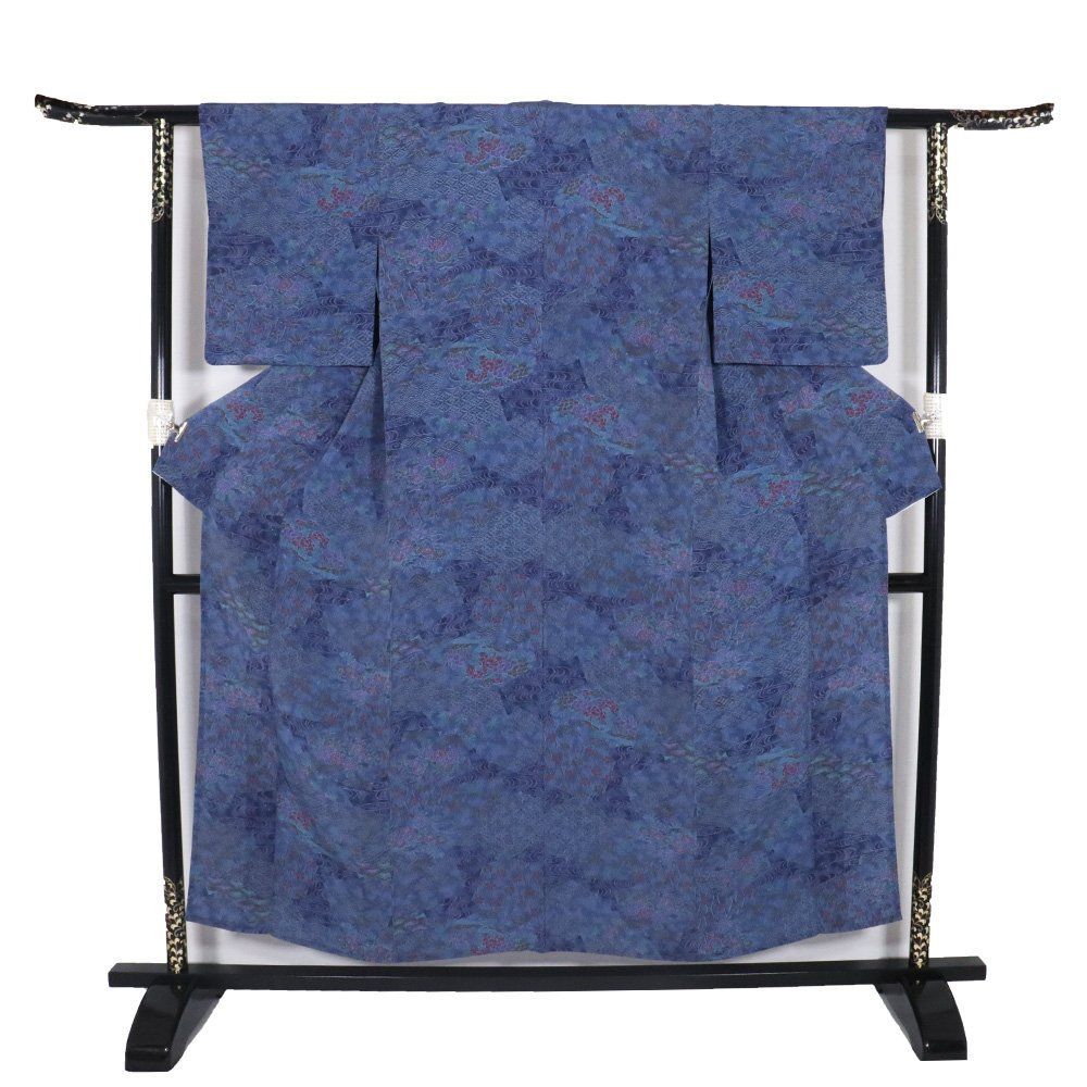 単衣 縮緬小紋 正絹 青 紺 松竹梅 菊 牡丹 菖蒲 Sサイズ ki32144 美品 ひとえ 夏着物 レディース シルク ギフト カジュアル 送料無料