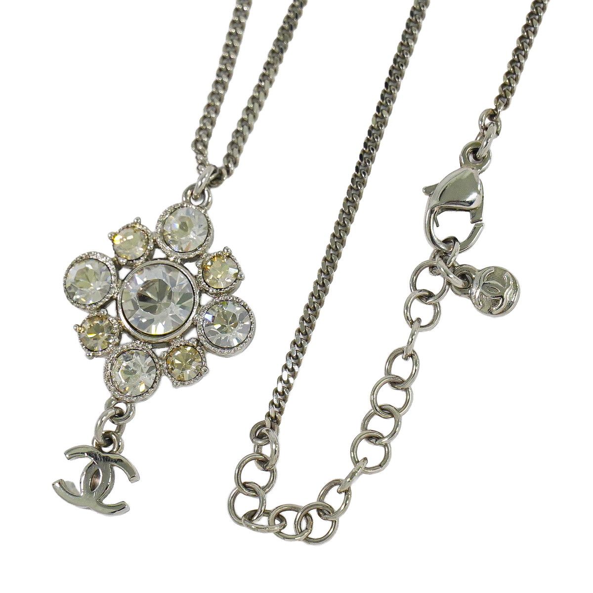 本物 シャネル CHANEL ココマーク フラワー モチーフ ラインストーン ネックレス ペンダント メタル シルバー金具 アクセサリー ジュエリー 中古・