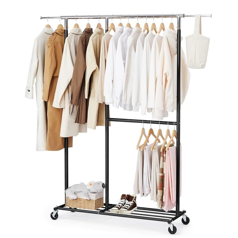 HOKEEPER ハンガーラック パイプハンガーラック 耐荷重150KG 業務用 大容量 収納ラック 物干し スタンド 洋服ハンガー 衣類収納 棚付き 縦横伸縮 高さ調節可能(ブラック) 0