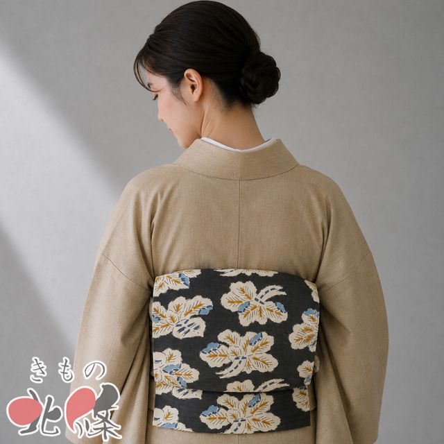 特選 作り帯 つけ帯 中古 リサイクル 正絹 紬地 カジュアル 仕立て上がり 全通 添田敏子 野菜 大根 蕪 黒色 多色 きもの北條 A1359-6