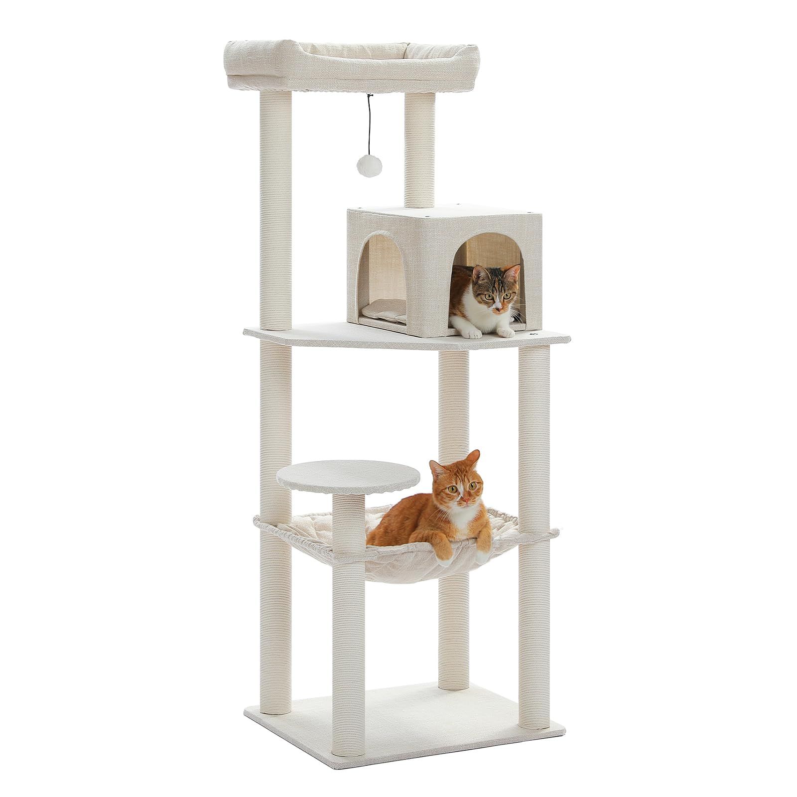 PETEPELA(ぺテぺラ) キャットタワー 猫タワー スリム 大型猫用 据え置き 麻生地 省スペース 綿紐 冬夏兼用 多頭飼い 登りやすい お手入れ簡単 高級 北欧 シンプル ハンモック 見晴台 ねこハウス ボンボン 運動不足解消 人気 おしゃれ - ベ 0