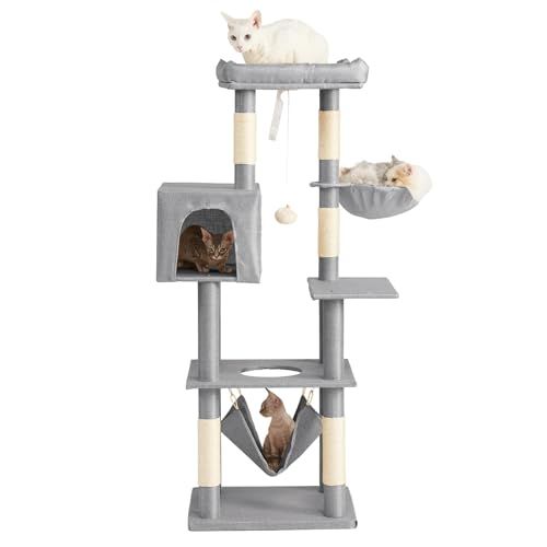 AIFY キャットタワー 大型猫用 多頭飼い 省スペース スリム 据え置き 安定強化構造 ハンモック付き 隠れ家付き 爪とぎ 見晴らし台 おもちゃ付き 運動不足解消 高さ140cm 0