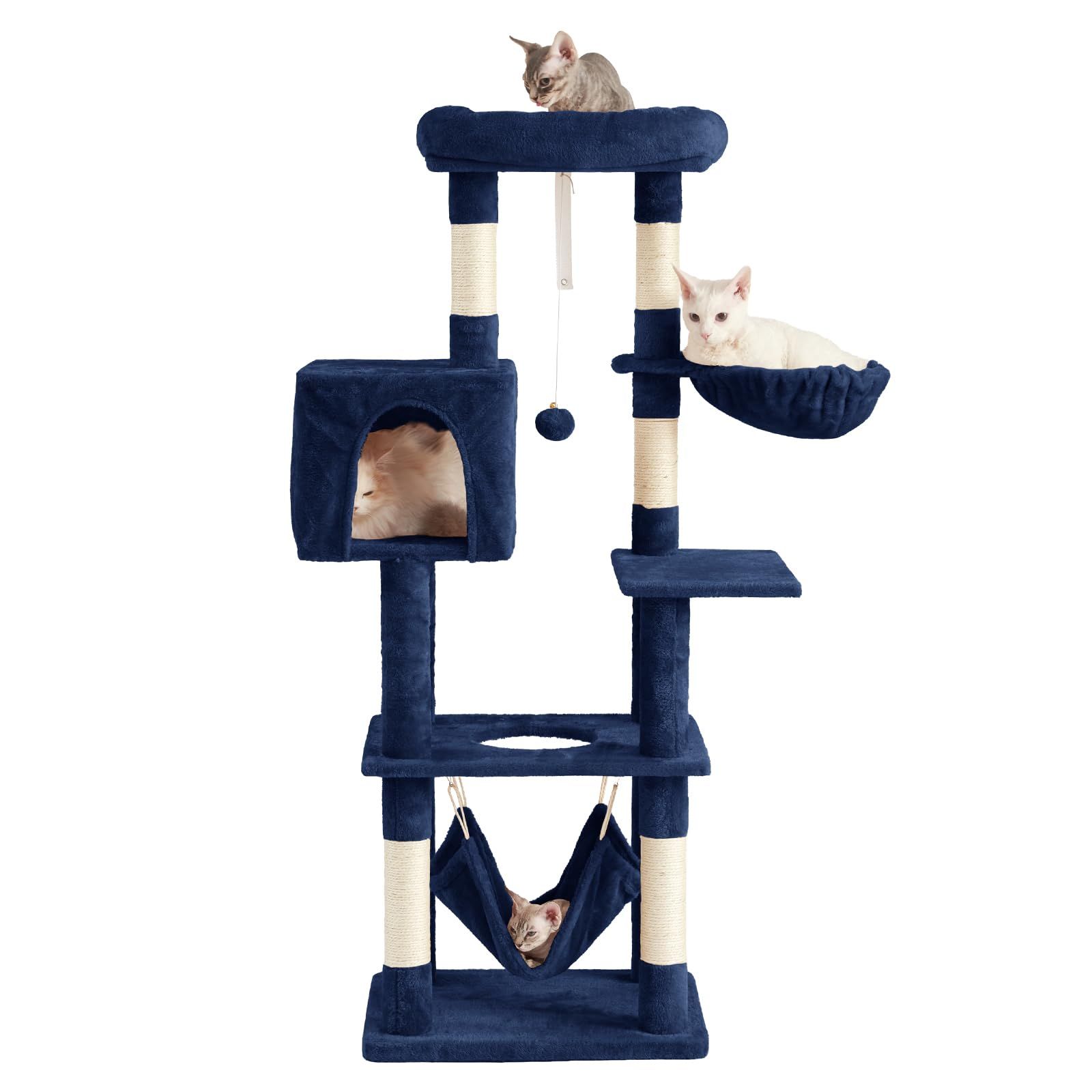 AIFY キャットタワー 大型猫用 多頭飼い 省スペース スリム 据え置き 安定強化構造 ハンモック付き 隠れ家付き 爪とぎ 見晴らし台 おもちゃ付き 運動不足解消 高さ140cm ネイビー 0