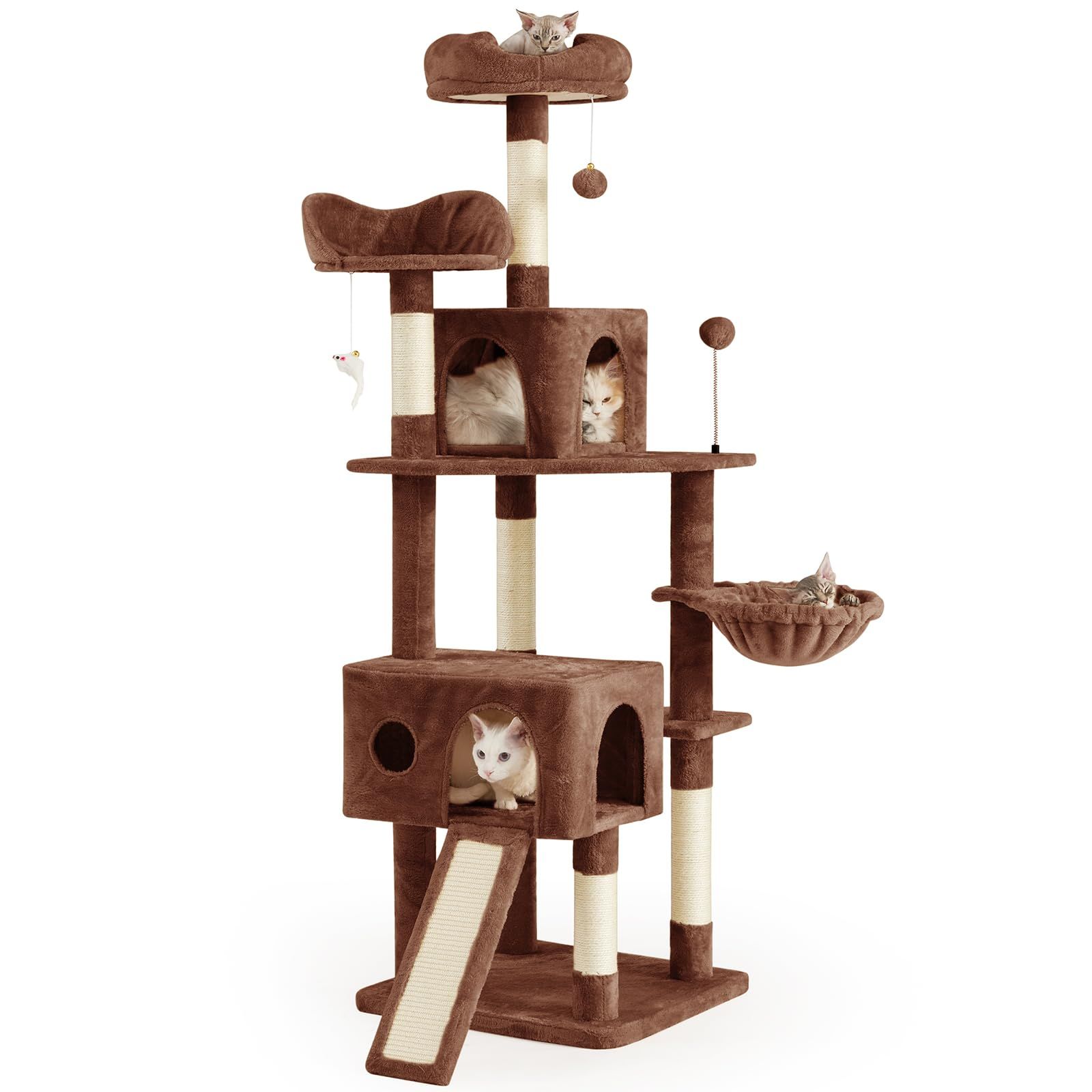 AIFY キャットタワー 大型猫用 多頭飼い 省スペース スリム 据え置き 安定強化構造 ハンモック付き 隠れ家付き 爪とぎ 見晴らし台 おもちゃ付き 運動不足解消 高さ170cm ブラウン 0