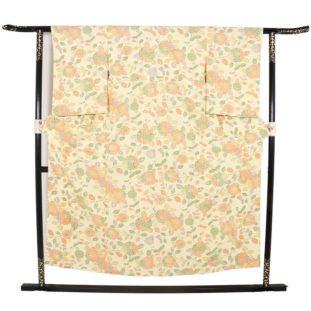 単衣 小紋 正絹 クリーム 摺り格子 菊 Sサイズ ki32151 美品 こもん レディース シルク 6月9月10月シーズン 送料込み