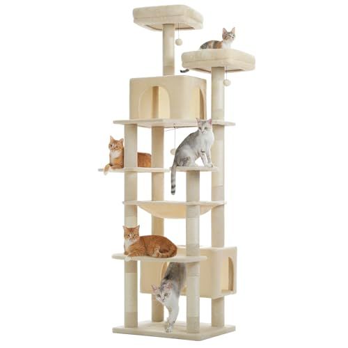 PETEPELA(ぺテぺラ) キャットタワー 大型猫用 コンパクト 多頭飼い 据え置き型 スリム ハンモック 麻紐爪とぎポール 猫のおもちゃ 転倒防止ベルト付き 展望台 猫ベッドカバー取り外し可能 運動不足解消 - XL 高さ205cm ベージュ 0