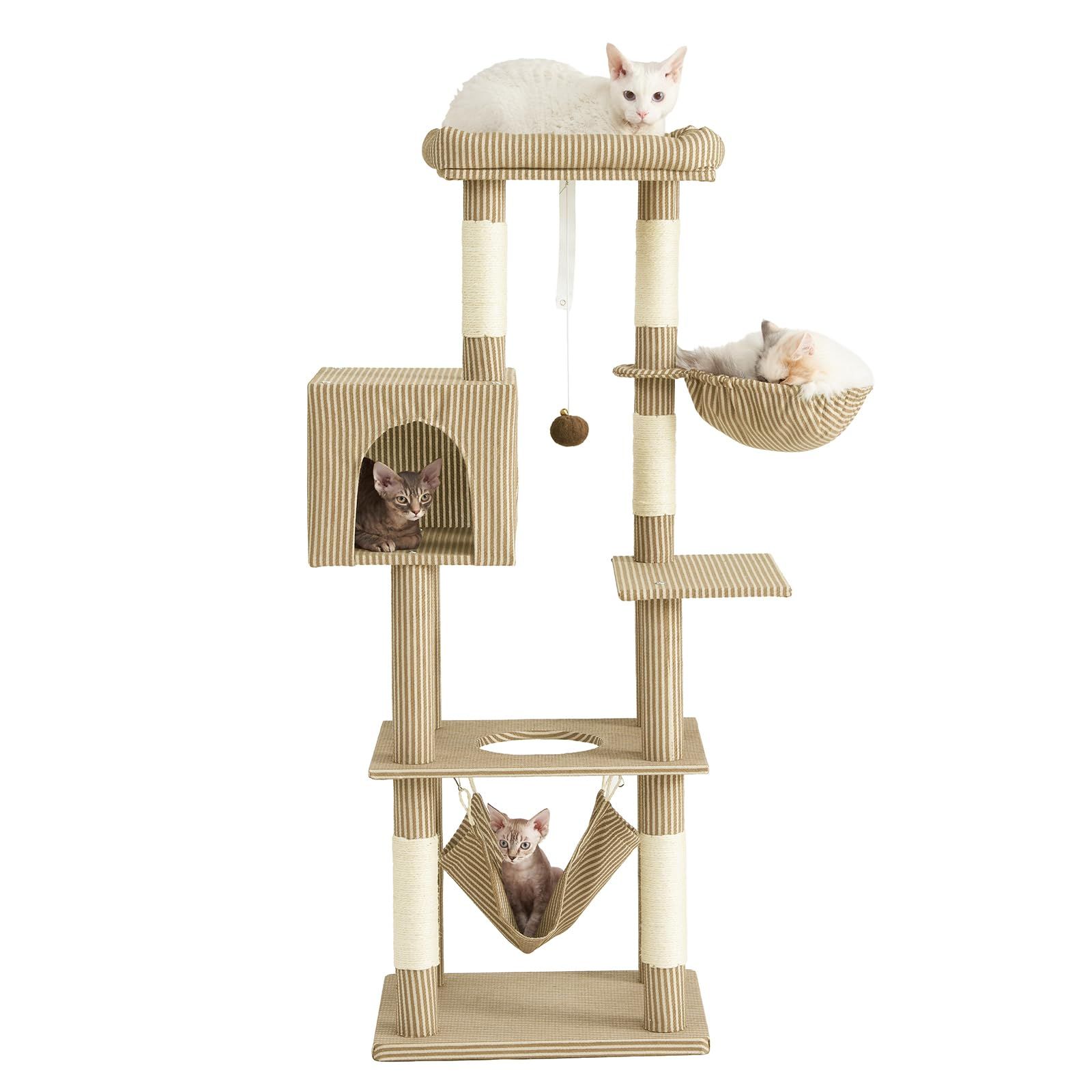 AIFY キャットタワー 大型猫用 多頭飼い 省スペース スリム 据え置き 安定強化構造 ハンモック付き 隠れ家付き 爪とぎ 見晴らし台 おもちゃ付き 運動不足解消 高さ140cm 0