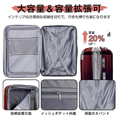 [New Trip] スーツケース キャリーケース 拡張機能付き 機内持ち込み 軽量 大型 S／M／Lサイズ キャリーバッグ 耐衝撃 大容量 ファスナータイプ 静音 ダブルキャスター TSAロック 海外 旅行 ビジネス 出張 (ワインレッド、Mサイズ：4～ 0