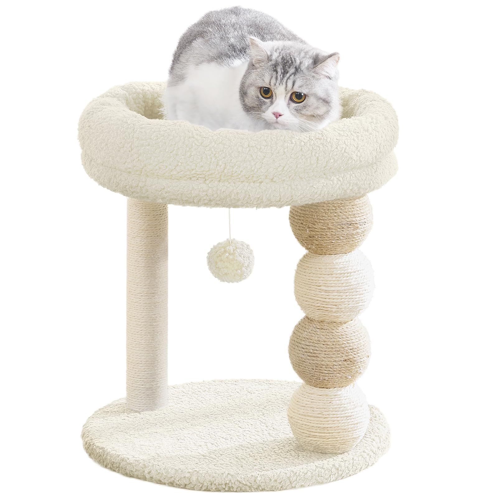 キャットタワー ミニ 猫タワー 小型 低め 据え置き 省スペース 麻紐爪とぎ シンプル かわいい ボール型猫爪とぎ おもちゃ付き 大きい展望台 組み立て簡単 高さ45cm ベージュ shu c579888d